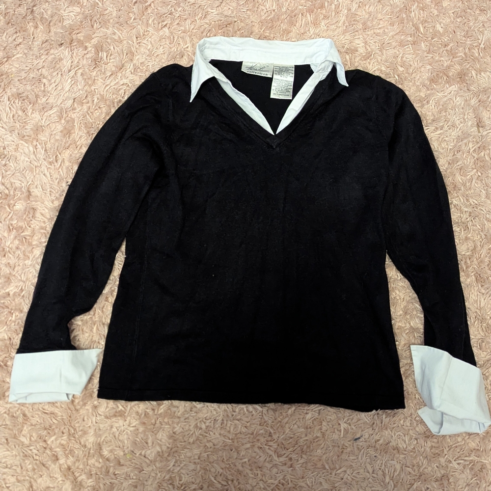 Black V-Neck Sweater with White Collar and Cuffs
